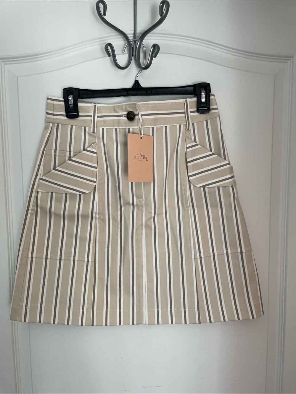 Pearl By Lela Rose WOMENS Striped Denim Mini Skirt Sand Size 4 $295 Made In USA